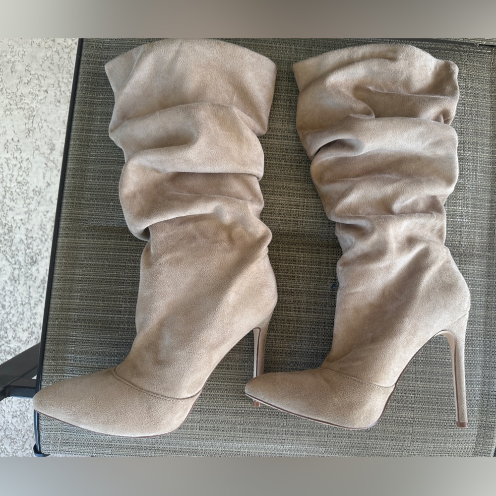 Faux suede tan scrunch boots 4.5” heel